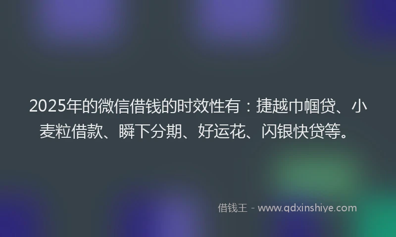 2025年的微信借钱的时效性有：捷越巾帼贷、小麦粒借款、瞬下分期、好运花、闪银快贷等。