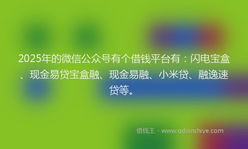 2025年的微信公众号有个借钱平台有：闪电宝盒、现金易贷宝盒融、现金易融、小米贷、融逸速贷等。