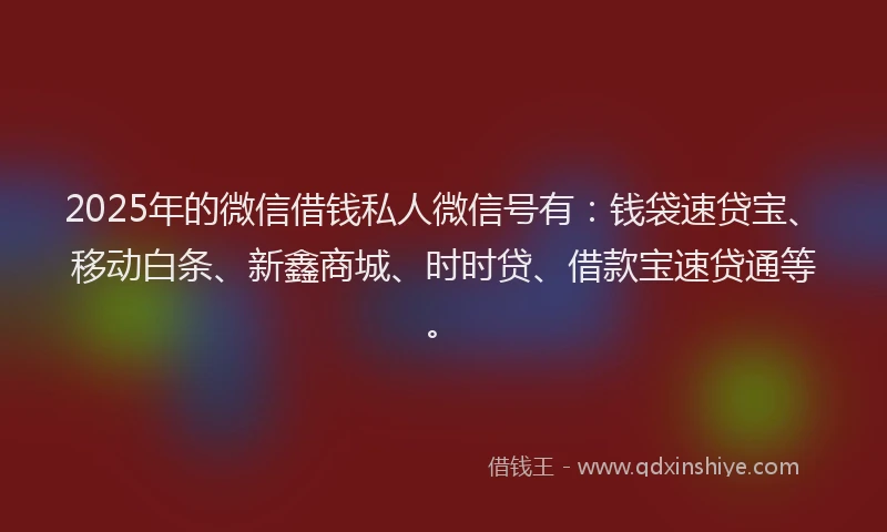 2025年的微信借钱私人微信号有：钱袋速贷宝、移动白条、新鑫商城、时时贷、借款宝速贷通等。