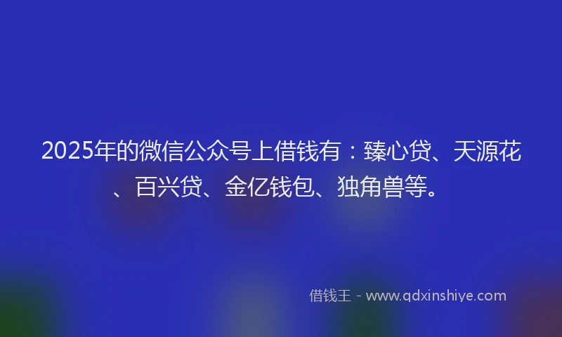 2025年的微信公众号上借钱有：臻心贷、天源花、百兴贷、金亿钱包、独角兽等。