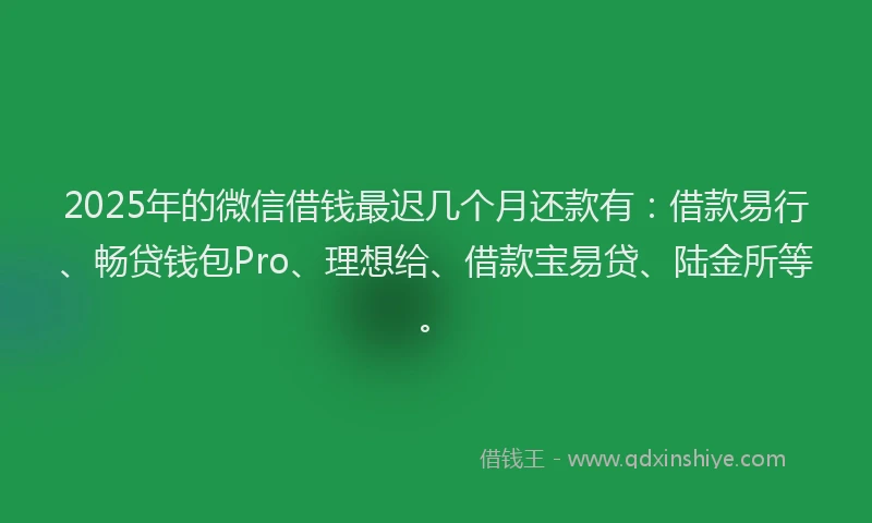 2025年的微信借钱最迟几个月还款有：借款易行、畅贷钱包Pro、理想给、借款宝易贷、陆金所等。