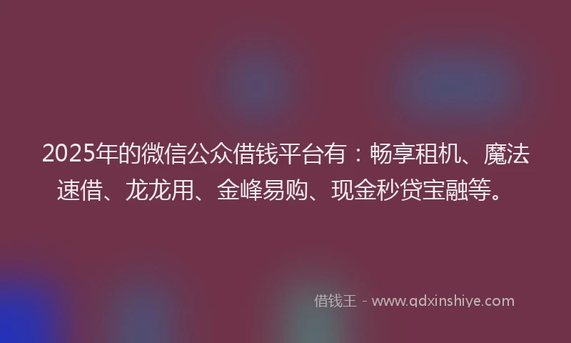 2025年的微信公众借钱平台有：畅享租机、魔法速借、龙龙用、金峰易购、现金秒贷宝融等。