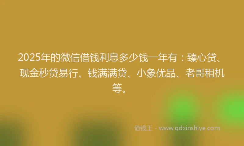 2025年的微信借钱利息多少钱一年有：臻心贷、现金秒贷易行、钱满满贷、小象优品、老哥租机等。