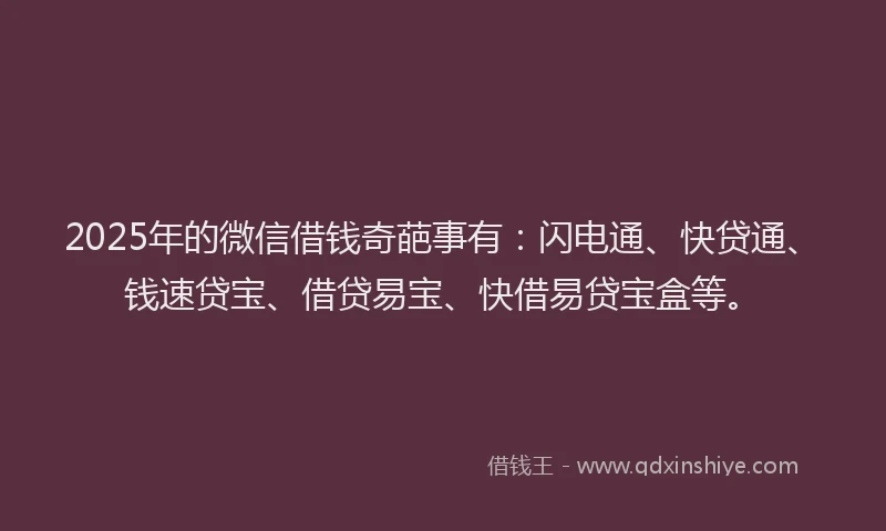 2025年的微信借钱奇葩事有：闪电通、快贷通、钱速贷宝、借贷易宝、快借易贷宝盒等。