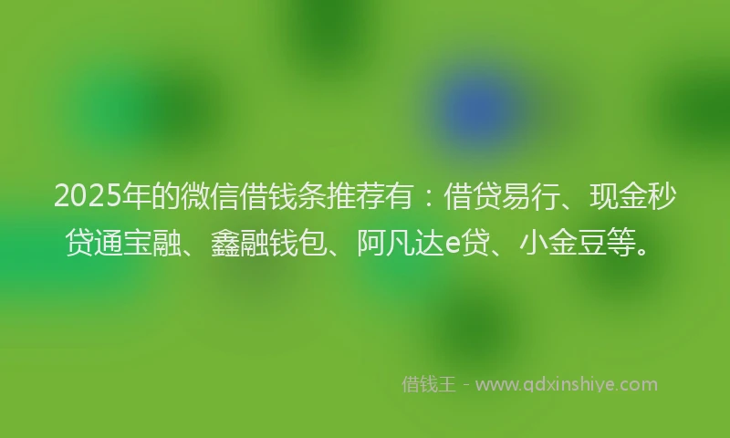 2025年的微信借钱条推荐有：借贷易行、现金秒贷通宝融、鑫融钱包、阿凡达e贷、小金豆等。