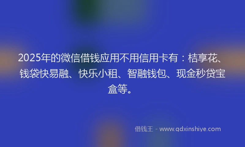 2025年的微信借钱应用不用信用卡有：桔享花、钱袋快易融、快乐小租、智融钱包、现金秒贷宝盒等。