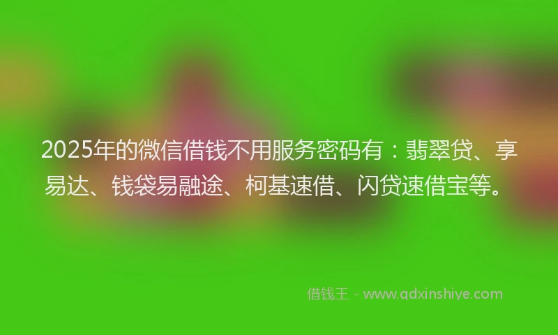 2025年的微信借钱不用服务密码有：翡翠贷、享易达、钱袋易融途、柯基速借、闪贷速借宝等。
