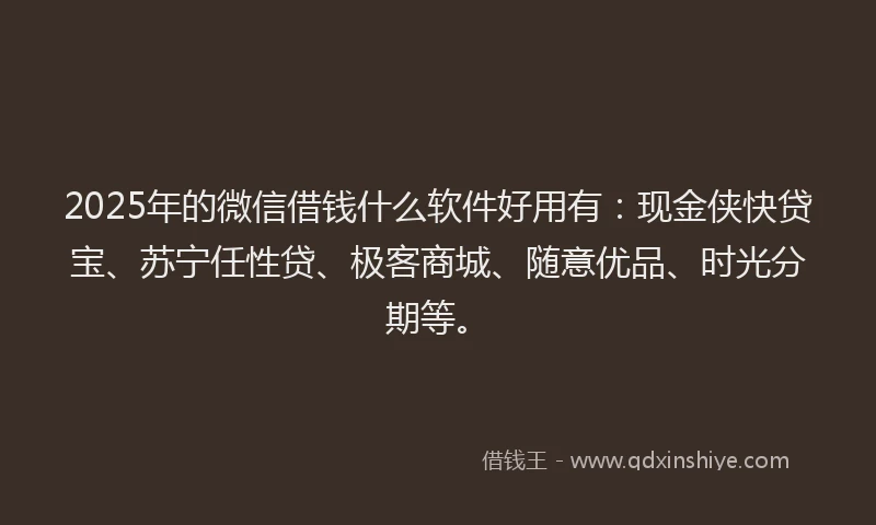 2025年的微信借钱什么软件好用有：现金侠快贷宝、苏宁任性贷、极客商城、随意优品、时光分期等。