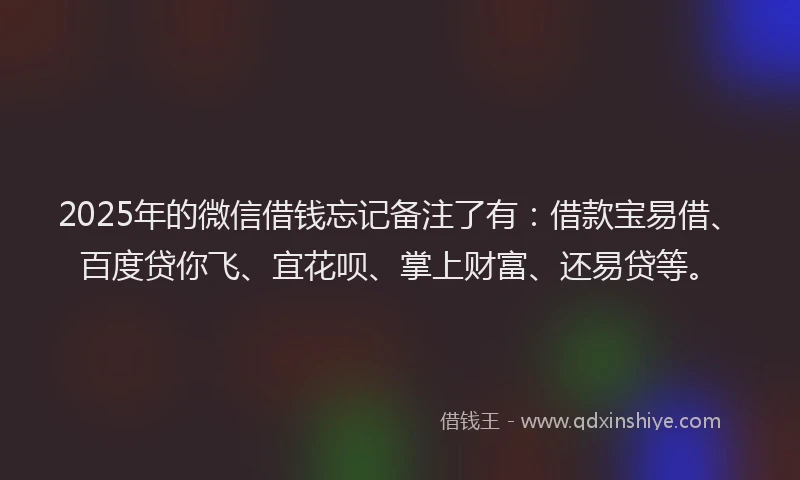2025年的微信借钱忘记备注了有：借款宝易借、百度贷你飞、宜花呗、掌上财富、还易贷等。
