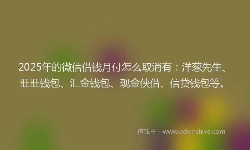 2025年的微信借钱月付怎么取消有：洋葱先生、旺旺钱包、汇金钱包、现金侠借、信贷钱包等。