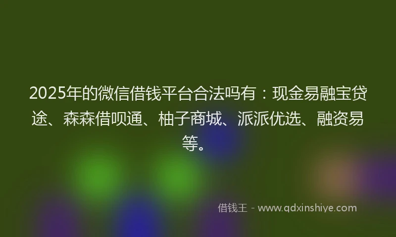 2025年的微信借钱平台合法吗有：现金易融宝贷途、森森借呗通、柚子商城、派派优选、融资易等。