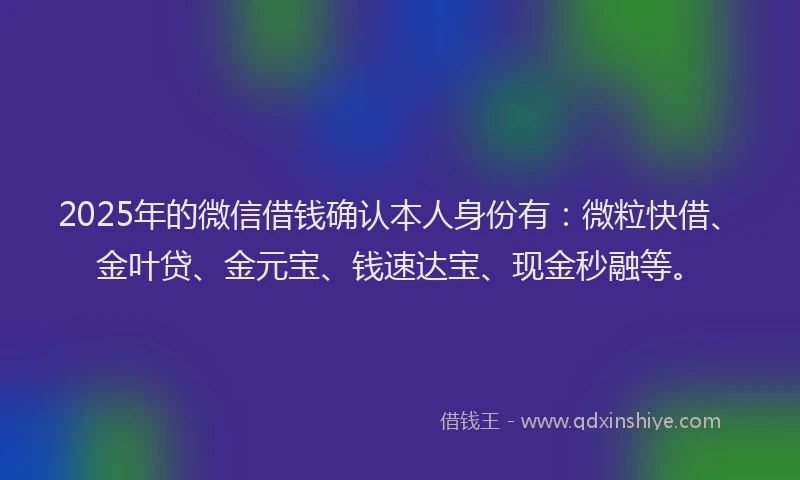 2025年的微信借钱确认本人身份有：微粒快借、金叶贷、金元宝、钱速达宝、现金秒融等。