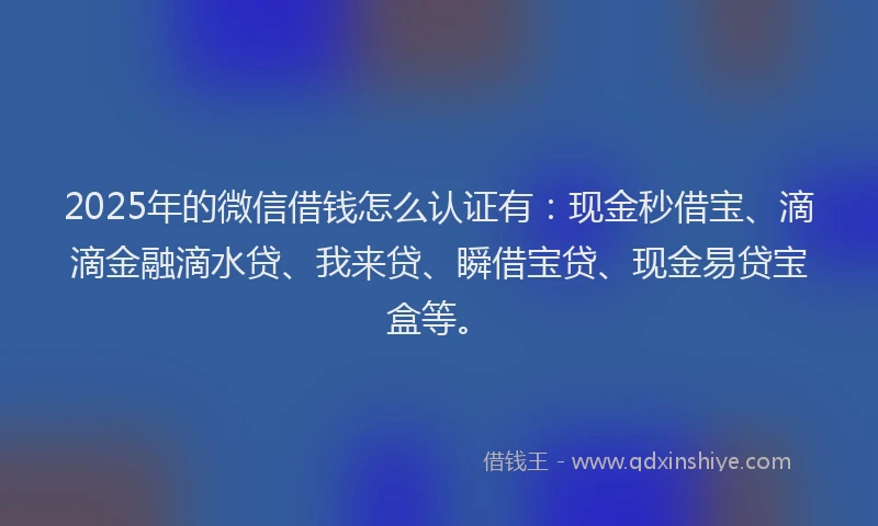 2025年的微信借钱怎么认证有：现金秒借宝、滴滴金融滴水贷、我来贷、瞬借宝贷、现金易贷宝盒等。