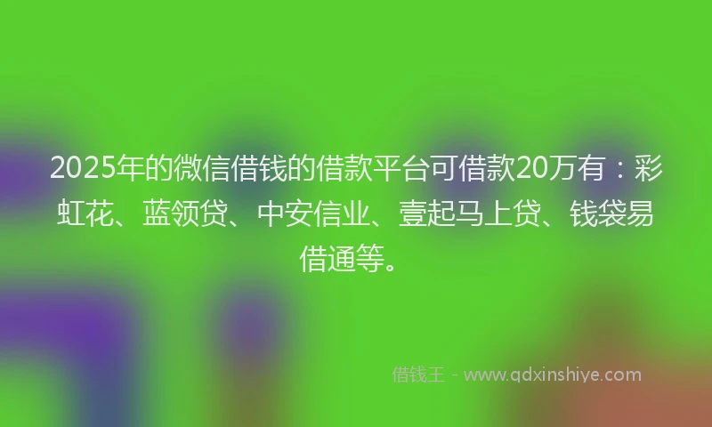 2025年的微信借钱的借款平台可借款20万有：彩虹花、蓝领贷、中安信业、壹起马上贷、钱袋易借通等。