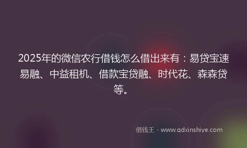 2025年的微信农行借钱怎么借出来有：易贷宝速易融、中益租机、借款宝贷融、时代花、森森贷等。