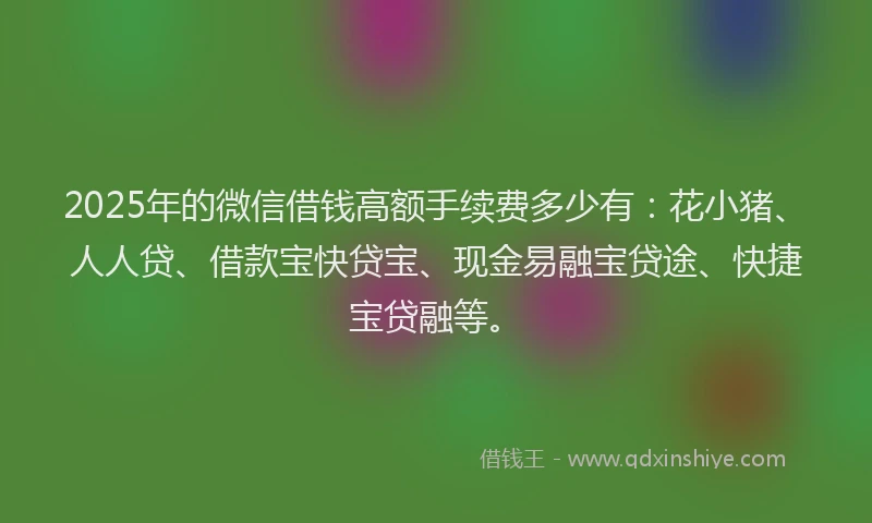 2025年的微信借钱高额手续费多少有：花小猪、人人贷、借款宝快贷宝、现金易融宝贷途、快捷宝贷融等。