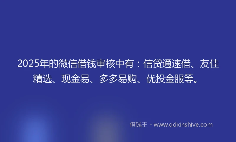 2025年的微信借钱审核中有：信贷通速借、友佳精选、现金易、多多易购、优投金服等。