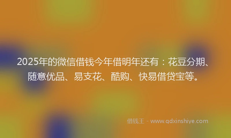 2025年的微信借钱今年借明年还有：花豆分期、随意优品、易支花、酷购、快易借贷宝等。