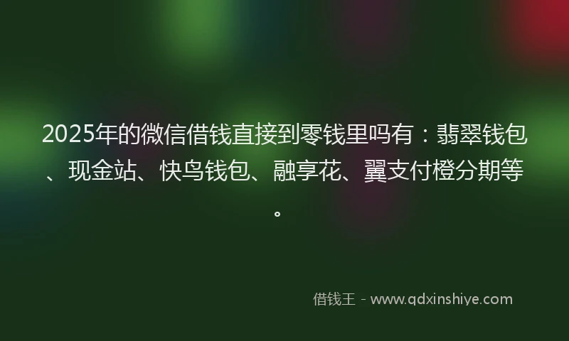 2025年的微信借钱直接到零钱里吗有：翡翠钱包、现金站、快鸟钱包、融享花、翼支付橙分期等。