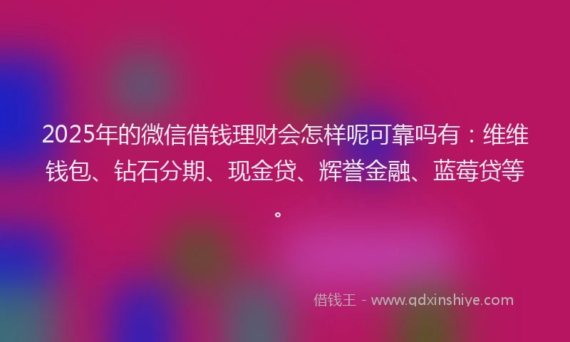 2025年的微信借钱理财会怎样呢可靠吗有：维维钱包、钻石分期、现金贷、辉誉金融、蓝莓贷等。
