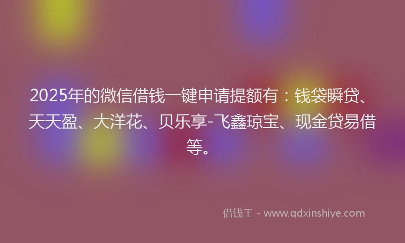 2025年的微信借钱一键申请提额有：钱袋瞬贷、天天盈、大洋花、贝乐享-飞鑫琼宝、现金贷易借等。