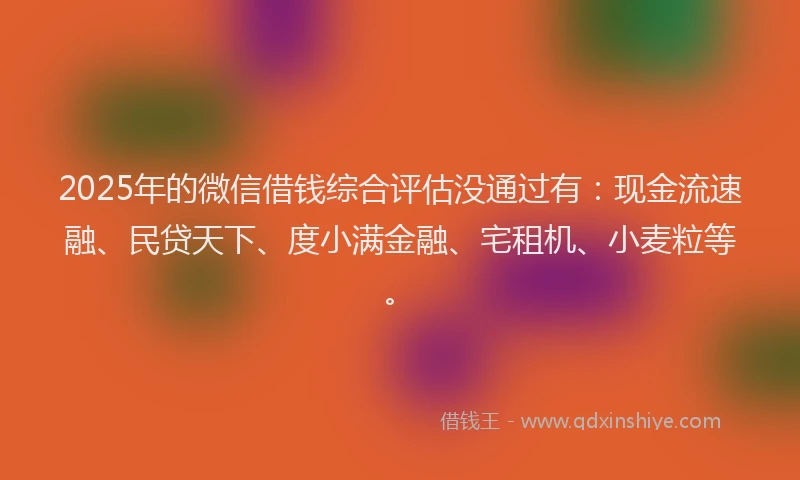 2025年的微信借钱综合评估没通过有：现金流速融、民贷天下、度小满金融、宅租机、小麦粒等。
