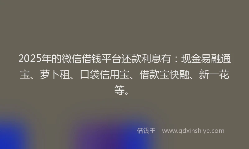 2025年的微信借钱平台还款利息有：现金易融通宝、萝卜租、口袋信用宝、借款宝快融、新一花等。