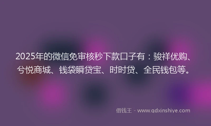 2025年的微信免审核秒下款口子有：骏祥优购、兮悦商城、钱袋瞬贷宝、时时贷、全民钱包等。