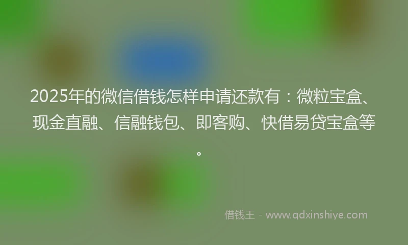 2025年的微信借钱怎样申请还款有：微粒宝盒、现金直融、信融钱包、即客购、快借易贷宝盒等。