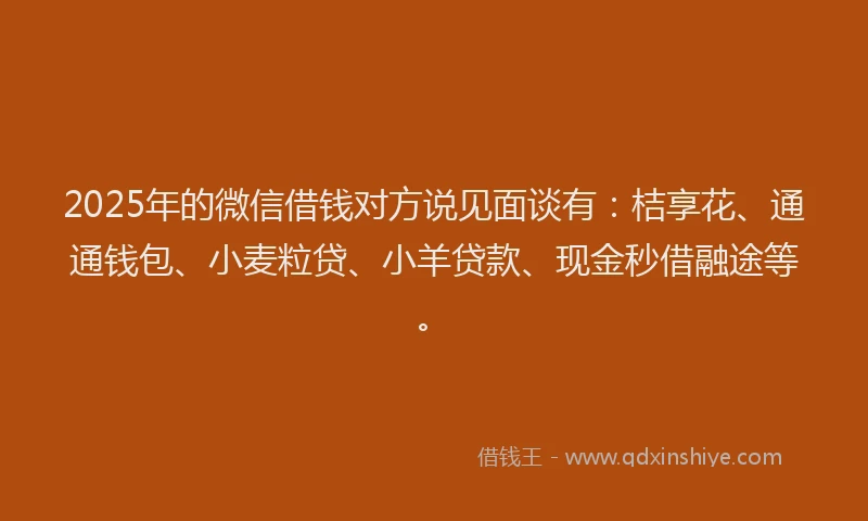 2025年的微信借钱对方说见面谈有：桔享花、通通钱包、小麦粒贷、小羊贷款、现金秒借融途等。