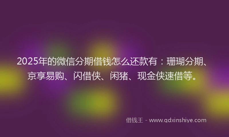 2025年的微信分期借钱怎么还款有：珊瑚分期、京享易购、闪借侠、闲猪、现金侠速借等。