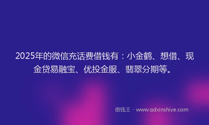 2025年的微信充话费借钱有：小金鹤、想借、现金贷易融宝、优投金服、翡翠分期等。