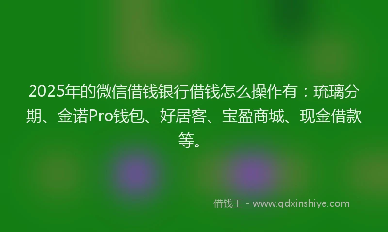 2025年的微信借钱银行借钱怎么操作有：琉璃分期、金诺Pro钱包、好居客、宝盈商城、现金借款等。