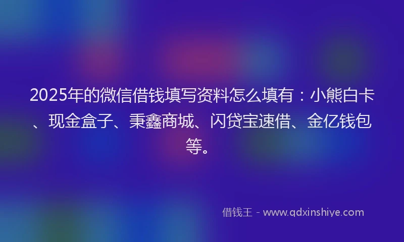 2025年的微信借钱填写资料怎么填有：小熊白卡、现金盒子、秉鑫商城、闪贷宝速借、金亿钱包等。