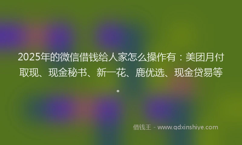 2025年的微信借钱给人家怎么操作有：美团月付取现、现金秘书、新一花、鹿优选、现金贷易等。