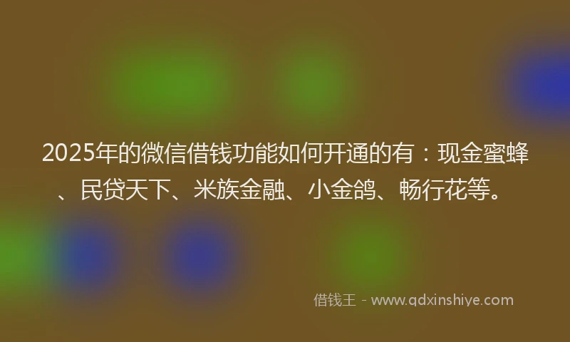 2025年的微信借钱功能如何开通的有：现金蜜蜂、民贷天下、米族金融、小金鸽、畅行花等。