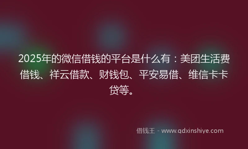 2025年的微信借钱的平台是什么有：美团生活费借钱、祥云借款、财钱包、平安易借、维信卡卡贷等。