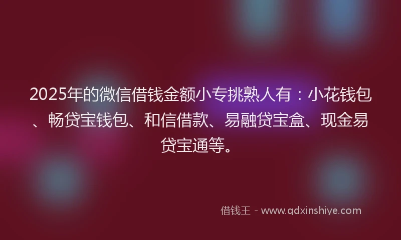 2025年的微信借钱金额小专挑熟人有：小花钱包、畅贷宝钱包、和信借款、易融贷宝盒、现金易贷宝通等。