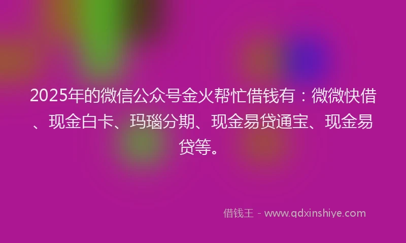 2025年的微信公众号金火帮忙借钱有：微微快借、现金白卡、玛瑙分期、现金易贷通宝、现金易贷等。
