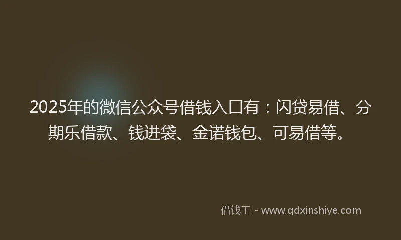 2025年的微信公众号借钱入口有：闪贷易借、分期乐借款、钱进袋、金诺钱包、可易借等。