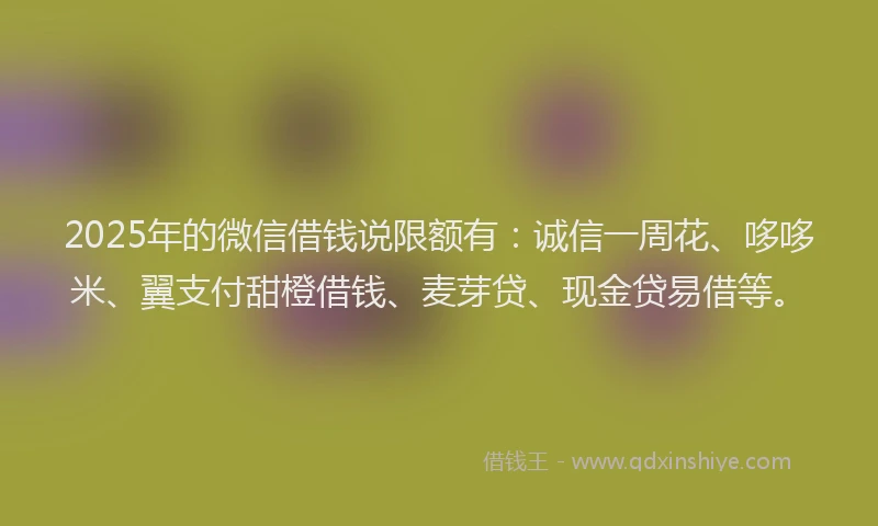 2025年的微信借钱说限额有：诚信一周花、哆哆米、翼支付甜橙借钱、麦芽贷、现金贷易借等。