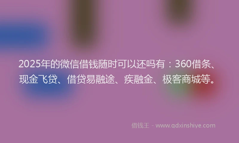 2025年的微信借钱随时可以还吗有：360借条、现金飞贷、借贷易融途、疾融金、极客商城等。