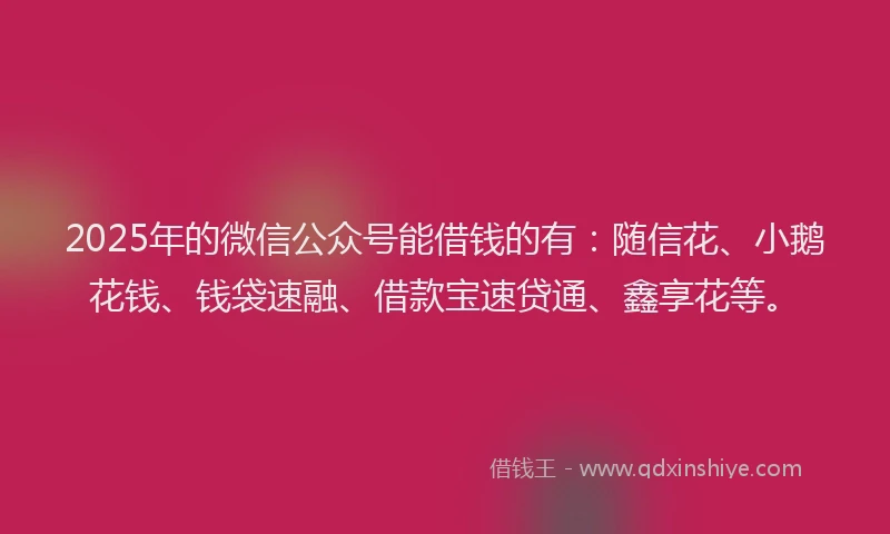 2025年的微信公众号能借钱的有：随信花、小鹅花钱、钱袋速融、借款宝速贷通、鑫享花等。