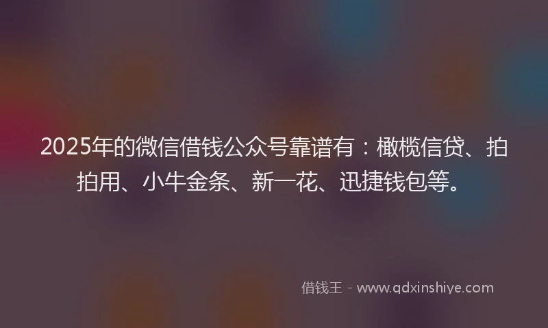 2025年的微信借钱公众号靠谱有：橄榄信贷、拍拍用、小牛金条、新一花、迅捷钱包等。