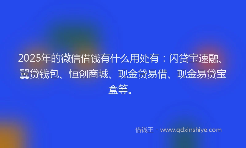 2025年的微信借钱有什么用处有：闪贷宝速融、翼贷钱包、恒创商城、现金贷易借、现金易贷宝盒等。