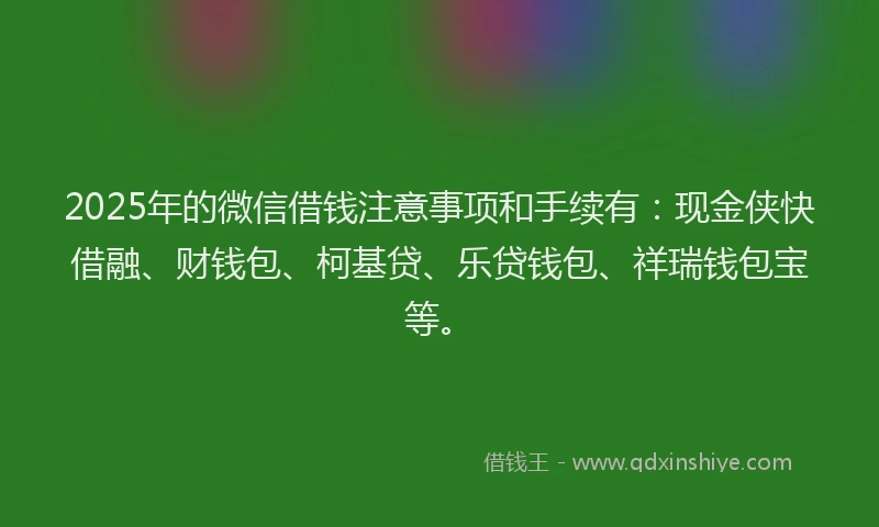 2025年的微信借钱注意事项和手续有：现金侠快借融、财钱包、柯基贷、乐贷钱包、祥瑞钱包宝等。