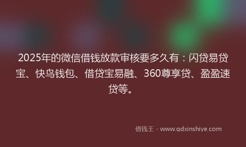 2025年的微信借钱放款审核要多久有：闪贷易贷宝、快鸟钱包、借贷宝易融、360尊享贷、盈盈速贷等。