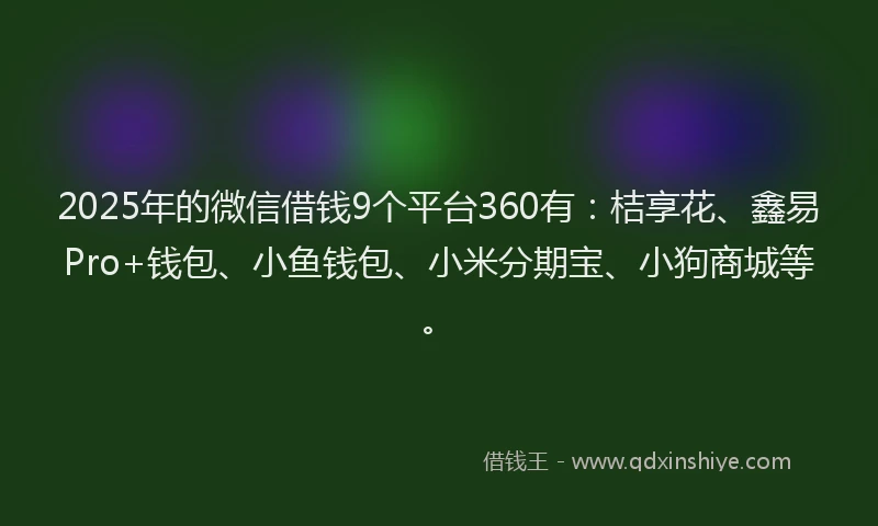 2025年的微信借钱9个平台360有：桔享花、鑫易Pro+钱包、小鱼钱包、小米分期宝、小狗商城等。
