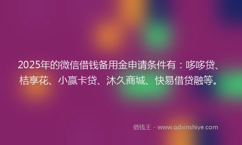 2025年的微信借钱备用金申请条件有：哆哆贷、桔享花、小赢卡贷、沐久商城、快易借贷融等。