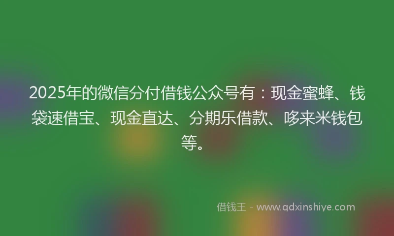 2025年的微信分付借钱公众号有：现金蜜蜂、钱袋速借宝、现金直达、分期乐借款、哆来米钱包等。